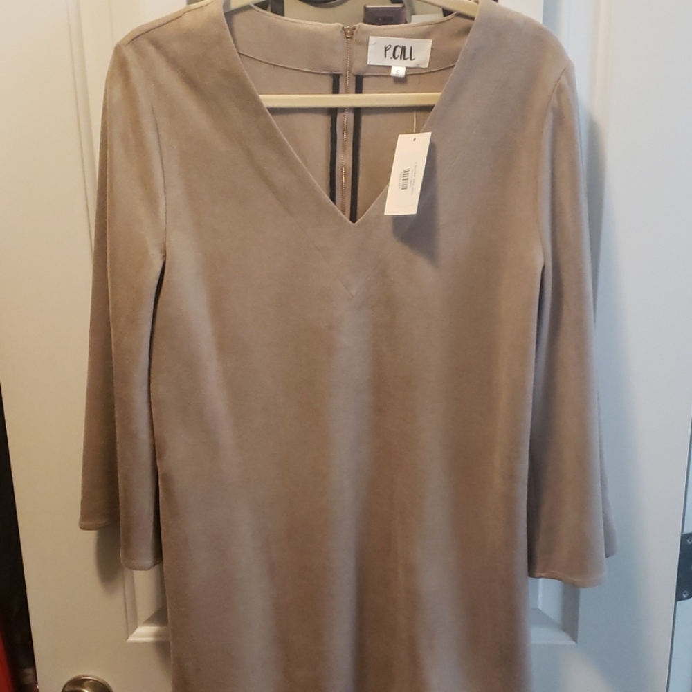 V neck bell sleeve suede dress